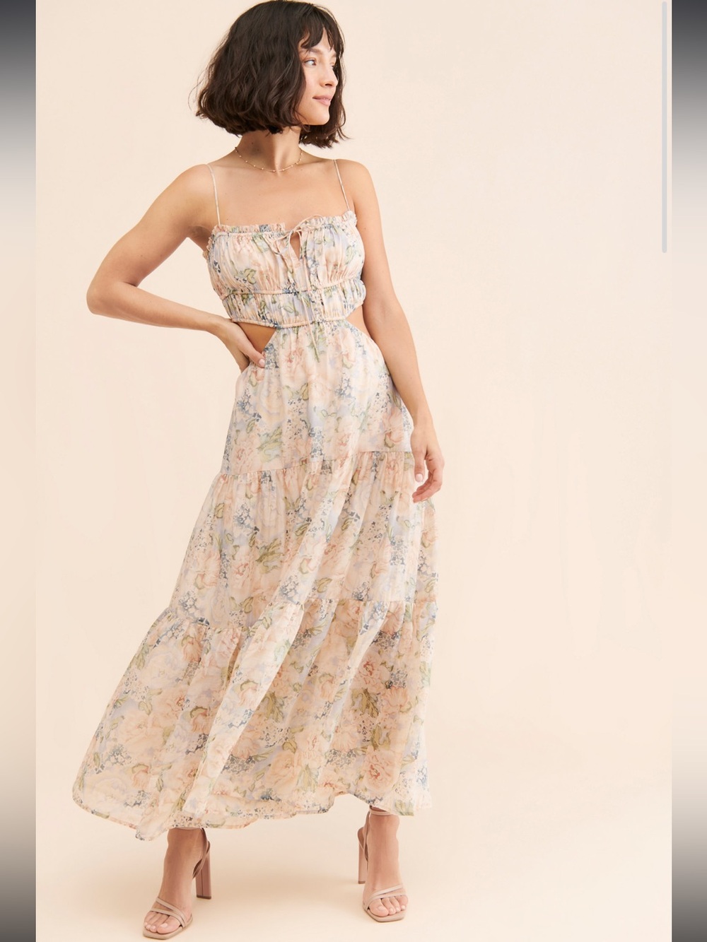 Astr The Label Women's Odina Maxi Dress Floral Cutout Smocked Bodice Boho Sz S